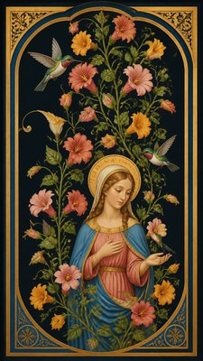 a climbing vine of flowers and hummingbirds on a dark background, tall wrapping composition, no text