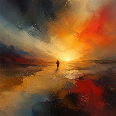 a solitary figure walking toward a glowing horizon across an empty plain, moody atmosphere, no text or lettering