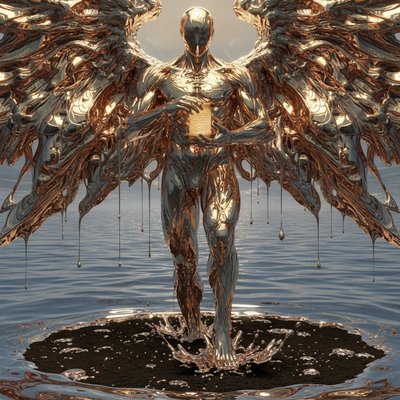 A majestic celestial being made of flowing quicksilver and molten gold, standing tall, liquid metal. The entity holds a small glowing scroll. The angel's form is fluid and constantly shifting. The right foot is submerged in the ocean, but the ocean is made of liquid chrome, and the leg creates ripples that blend perfectly with the water, indistinguishable from the sea. The left foot plants firmly on the earth, the liquid metal form solidifying into structure as it touches the ground, heavy droplets of silver splashing onto the soil. High contrast, ray tracing, volumetric lighting, fluid simulation
