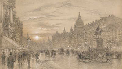 bustling city street panorama at dusk