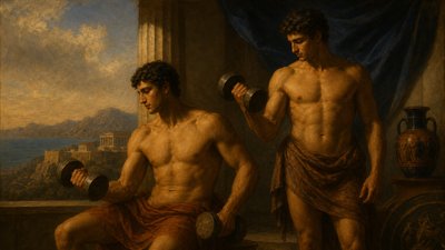 two ancient greek indudi athletes exercise using hand weights