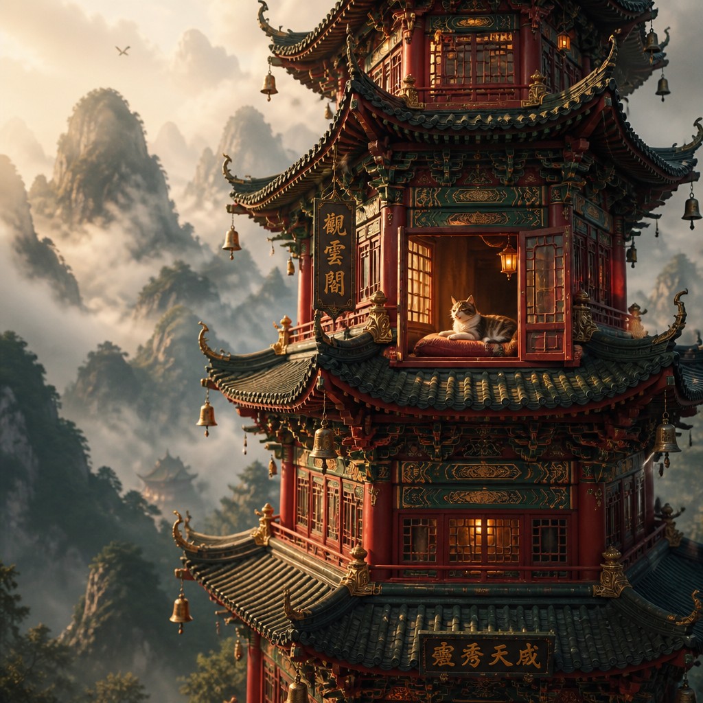 a cat lounging in a sunlit window — Pagoda Architecture Style