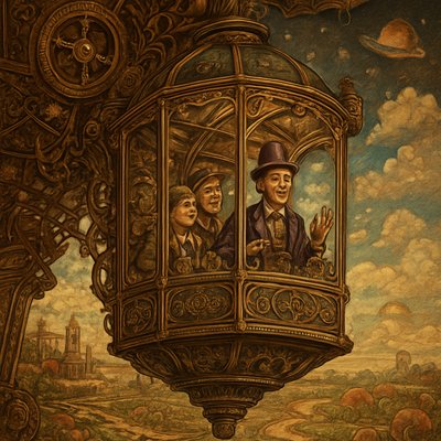 An awe-inspiring and whimsical scene featuring Willy Wonka's Great Glass Wonkavator, soaring through the sky and beyond the confines of the chocolate factory. The Wonkavator itself is a magnificent, multi-directional glass elevator, transparent and sparkling, with Willy Wonka (wearing his iconic top hat, purple coat, and bowtie) and Charlie Bucket (and perhaps Grandpa Joe) inside, looking out with expressions of wonder and excitement. The interior is filled with intricate buttons and levers for controlling its magical flight.

The Wonkavator is depicted in mid-flight, perhaps bursting through the factory roof or ascending above the clouds. Below it, the fantastical landscape of the Chocolate Factory is visible – chocolate rivers, edible gardens, candy cane trees, and various whimsical buildings. Beyond the factory, a stunning, imaginative sky unfolds, perhaps with floating candy clouds, distant fantastical landmarks, or even glimpses of outer space and planets. The lighting is bright and magical, emphasizing the glass's transparency and the vibrant colors of the world below and beyond. The overall mood is one of boundless adventure, limitless possibilities, and pure, joyful fantasy."