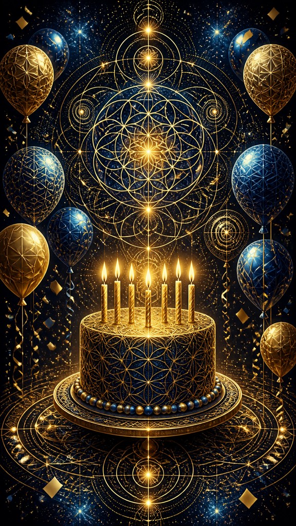 a birthday cake with lit candles surrounded by balloons and confetti, festive vertical composition, no text