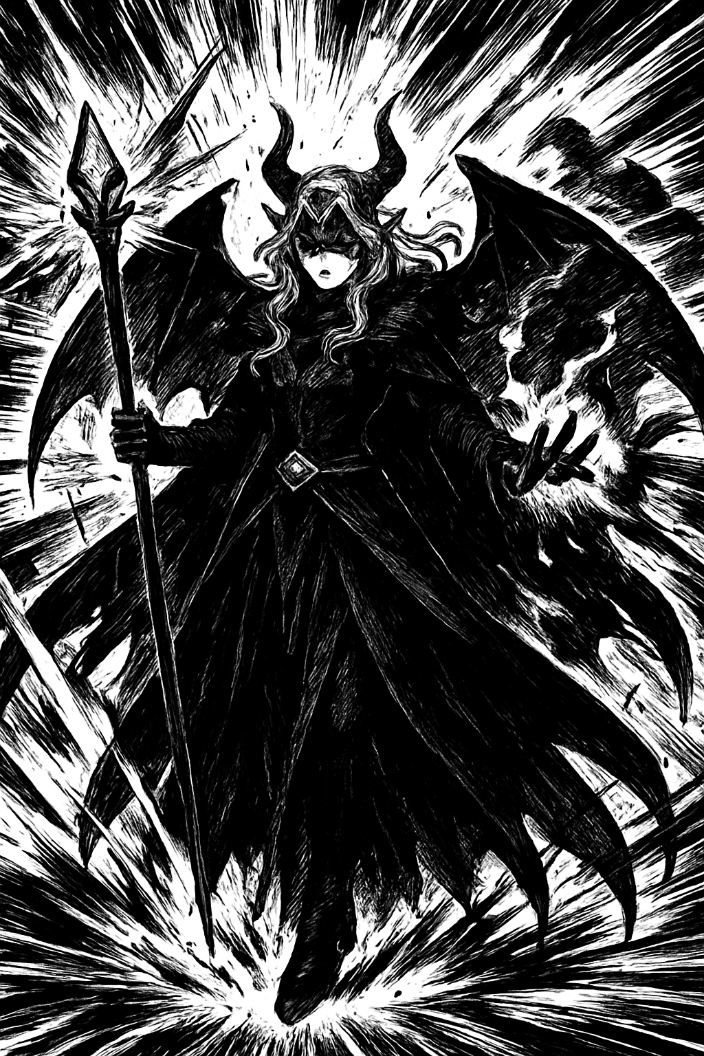 a drawing of a female demon with a staff