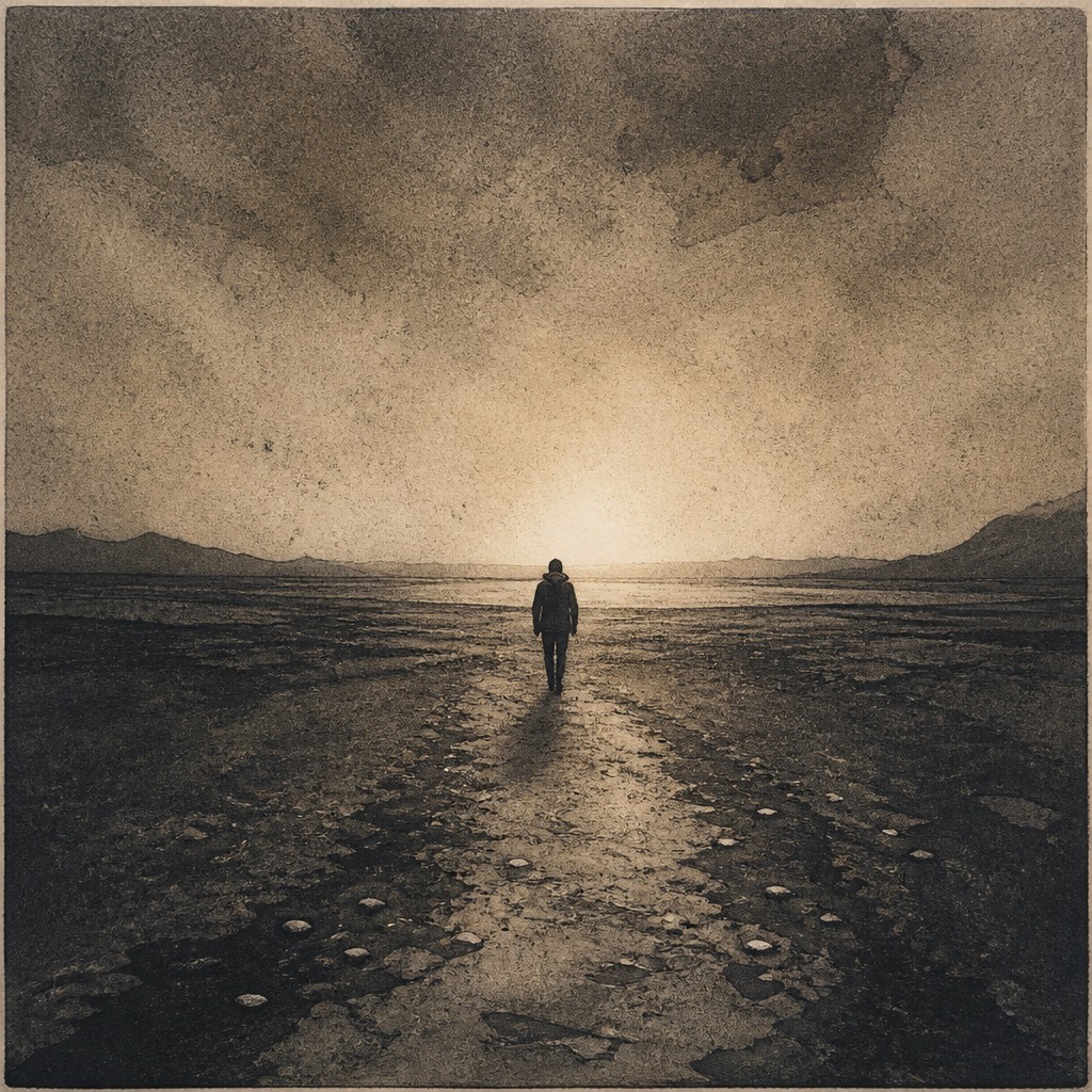 a solitary figure walking toward a glowing horizon across an empty plain, moody atmosphere, no text or lettering