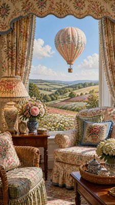 a hot air balloon drifting over rolling flower fields on a sunny day, cheerful, no text