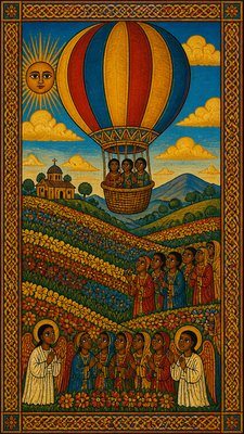 a hot air balloon drifting over rolling flower fields on a sunny day, cheerful, no text