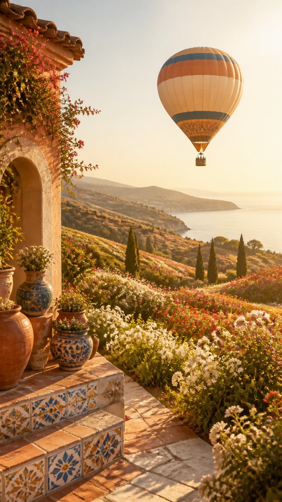 a hot air balloon drifting over rolling flower fields on a sunny day, cheerful, no text
