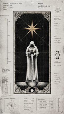 a robed figure pouring water beneath a large eight-pointed star in a night sky, symmetrical composition with an ornate decorative border, no text