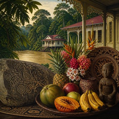 still life arrangement of fruits and flowers