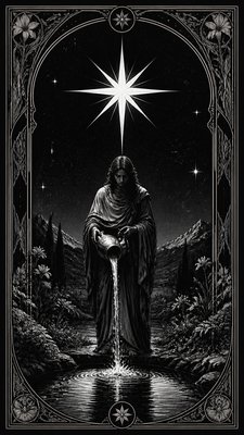 a robed figure pouring water beneath a large eight-pointed star in a night sky, symmetrical composition with an ornate decorative border, no text