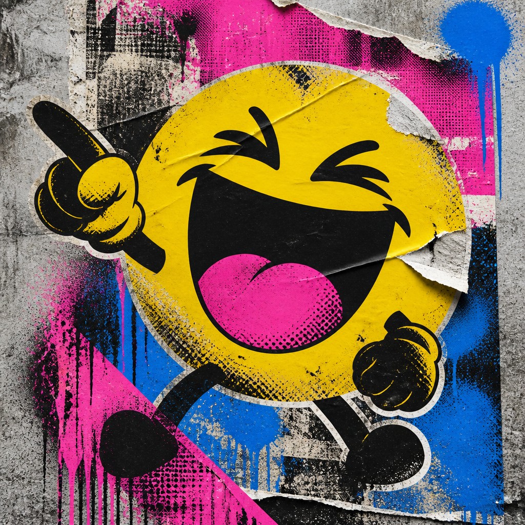 an exaggerated laughing face of an original round mascot character, bold and readable at small size, plain background, no text