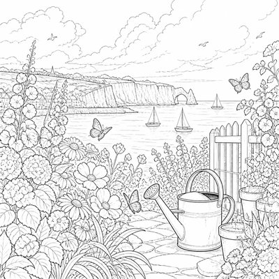 a garden scene with butterflies, flowers and a watering can, clean uncolored line art, no text