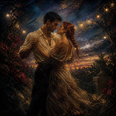 an original couple dancing under string lights in a garden at dusk: a man with short black hair in a linen shirt and a woman with braided red hair in a summer dress