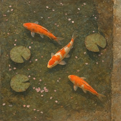A koi pond seen from above, orange and white koi fish swimming among lily pads, clear water with subtle ripples, fallen cherry blossom petals floating on the surface, dappled sunlight