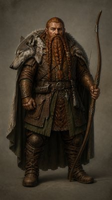 full-body original character: a dwarven ranger with a braided auburn beard, worn leather armor, a longbow and a wolf-pelt cloak, neutral background, no text