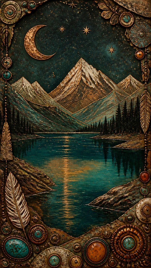 a tranquil mountain lake beneath a starry night sky, no people, no text