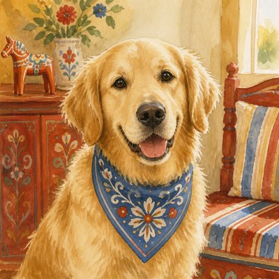 portrait of a golden retriever wearing a blue bandana, warm plain backdrop, no text