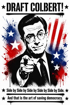 PUT AMERICA TOGETHER, AGAIN
Headline (keep on one line, no breaks):
DRAFT COLBERT!

 
IMAGE:
On a white background, paint a black graffiti stencil of Stephen Colbert. Add red, white, and blue splashes behind it. 

TEXT
(keep sentences on one line, no breaks): 
Side by Side by Side by Side by Side by Side.
And that is the art of saving democracy. 
