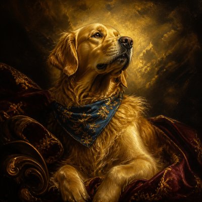 portrait of a golden retriever wearing a blue bandana, warm plain backdrop, no text