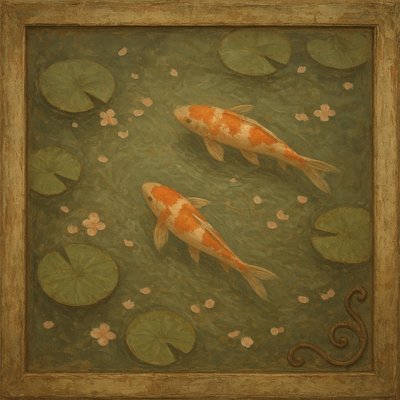 A koi pond seen from above, orange and white koi fish swimming among lily pads, clear water with subtle ripples, fallen cherry blossom petals floating on the surface, dappled sunlight