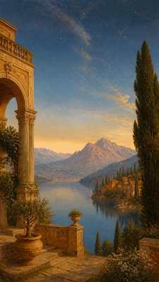 a tranquil mountain lake beneath a starry night sky, no people, no text