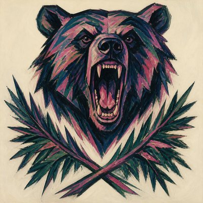 a roaring bear head above crossed pine branches, bold graphic composition on a plain background, no text
