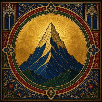 an emblem of a mountain peak inside a circle, simple bold shapes on a plain background, no text or lettering