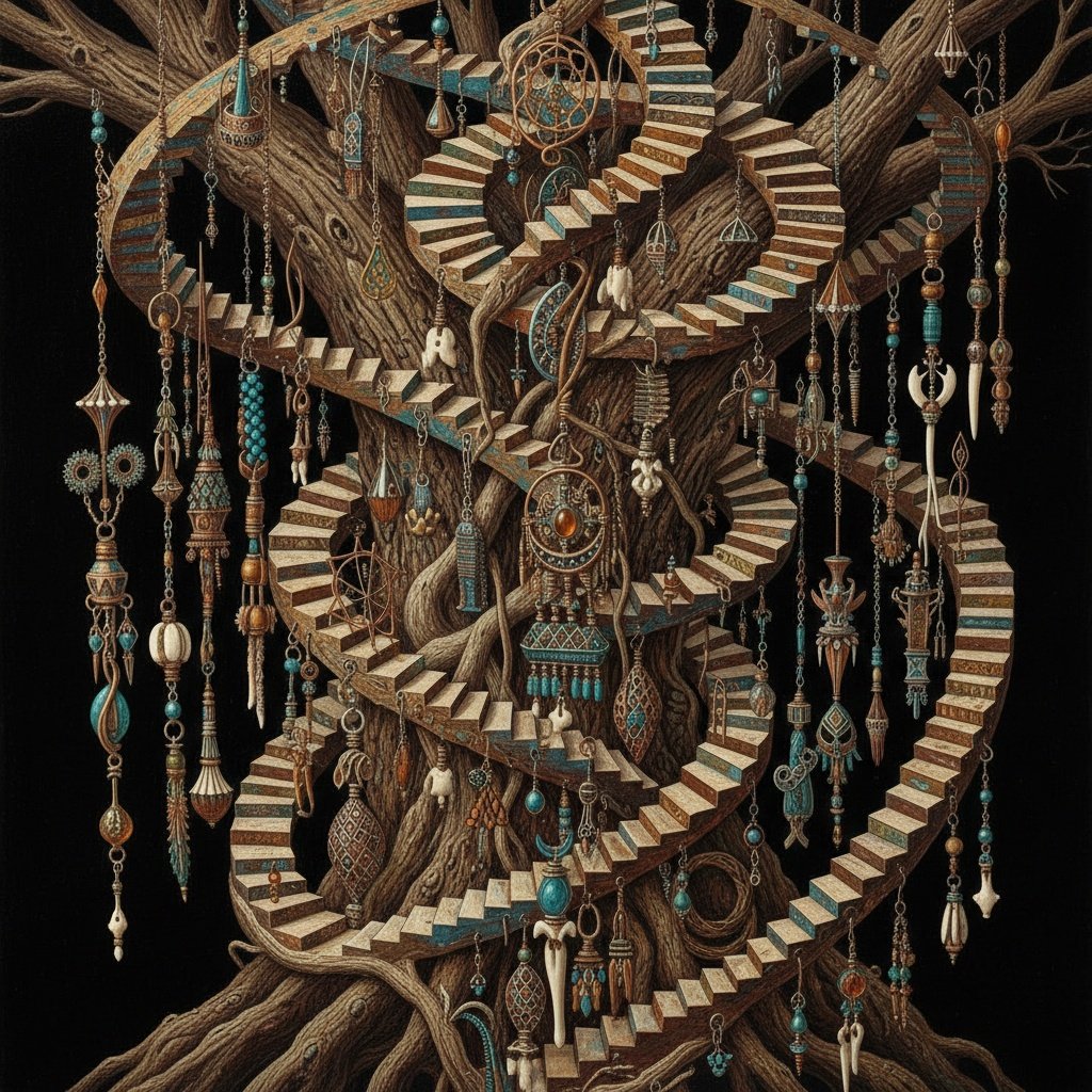 in the style of M.C. Escher, an array of endless staircases of impossible loops and bi-directional pathways, spiraling through a giant tree, Cinematic vibrant reflective jewel-toned colors, black background.