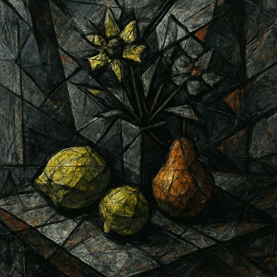 still life arrangement of fruits and flowers