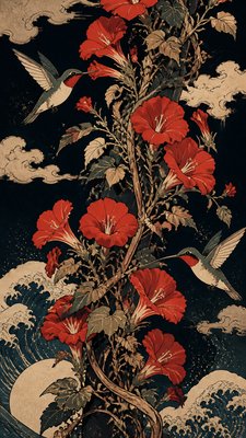 a climbing vine of flowers and hummingbirds on a dark background, tall wrapping composition, no text