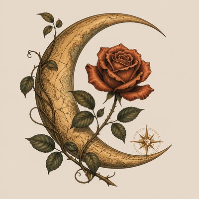 a rose entwined with a crescent moon, clean balanced composition on a plain background, no text