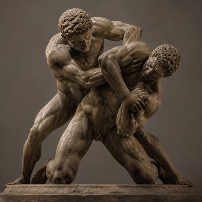 ancient greek athlete grappling another athlete sideways 