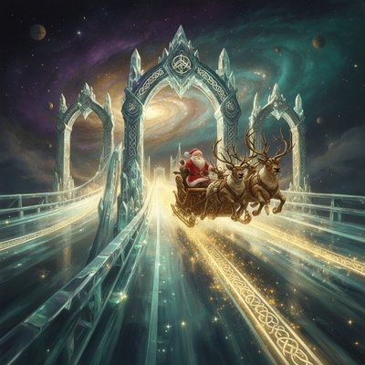 A grand, cinematic wide-angle shot of Santa Claus and his reindeer team galloping across a shimmering, translucent Rainbow Bridge (Bifrost-style) in deep space.

The Bridge & Track: The bridge is a massive, glowing crystalline structure that functions like a celestial racetrack. It features distinct, glowing "cosmic lanes" separated by ribbons of starlight. Along the track are towering, ornate arches that serve as "gates" or "warps," pulsing with magical energy.

The Scene: In the center, Santa’s sleigh is a high-tech, reinforced wooden vessel, leaving a trail of sparkling gold dust. The reindeer are in mid-leap, looking powerful and heroic. They are just passing through a massive, crystalline gate that marks the entrance to a new galaxy.

Background: The background is a vibrant nebula of deep purples, teals, and golds. Distant stars and planets are visible, and the bridge itself stretches out into the infinite distance, winding through the stars.

Style Details:

Visual Style: Epic High-Fantasy meets Sci-Fi (Cyberpunk-adjacent lighting).

Lighting: Dramatic rim lighting on Santa and the reindeer from the glowing bridge below. The "gates" cast a bright, cinematic flare.

Atmosphere: Intense speed, magical wonder, and a sense of an epic, cross-universal mission.