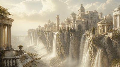 a cliffside city with waterfalls cascading into a misty canyon, wide establishing shot, no people, no text