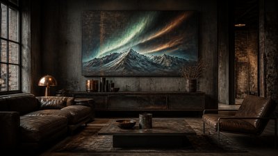 a flowing aurora over snowy peaks, wide sweeping composition, no people, no text
