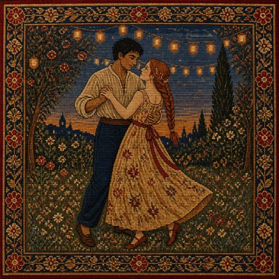an original couple dancing under string lights in a garden at dusk: a man with short black hair in a linen shirt and a woman with braided red hair in a summer dress