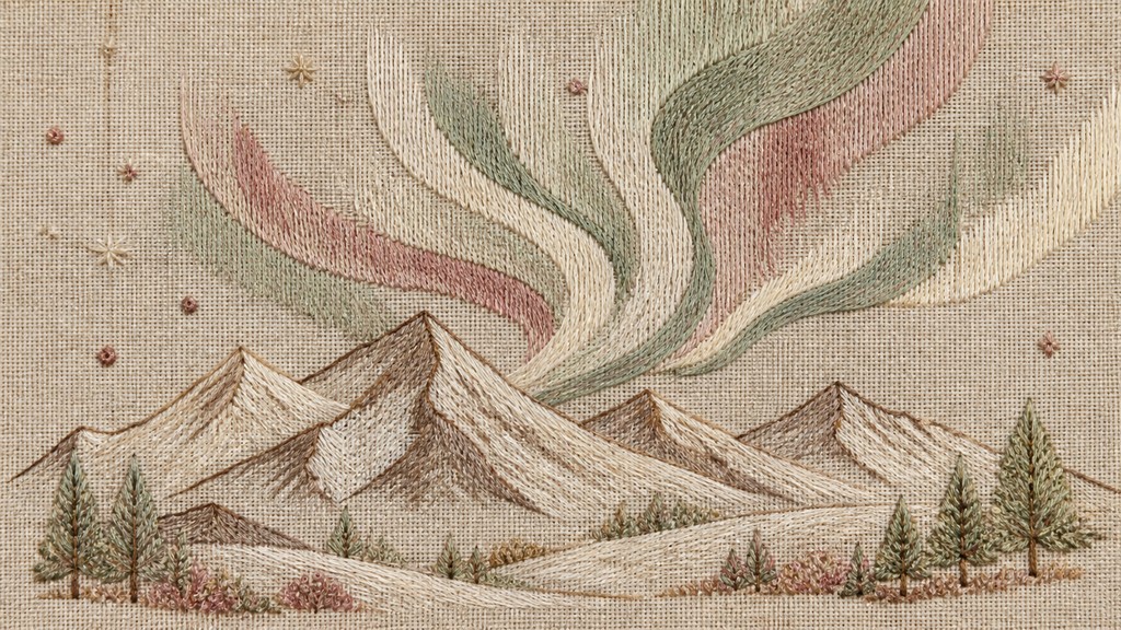 a flowing aurora over snowy peaks, wide sweeping composition, no people, no text