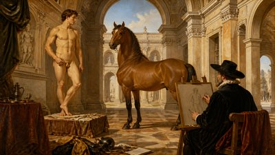 an standing ignudi male model and a horse both pose for the artist Peter Paul Rubens
