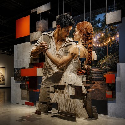 an original couple dancing under string lights in a garden at dusk: a man with short black hair in a linen shirt and a woman with braided red hair in a summer dress