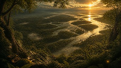 a wide river delta seen from above at sunset, no people