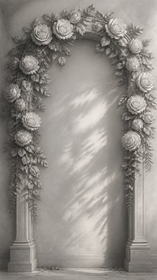 an arch of white roses and eucalyptus in soft morning light, elegant vertical composition with open space, no text
