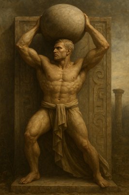 a painting of a man holding a ball on his head