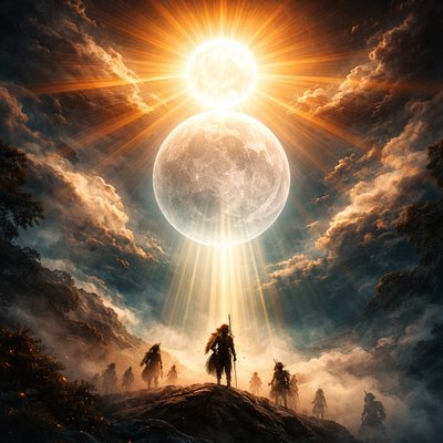 Ancient celestial vision: the blazing sun hovers directly above a faint translucent moon, the moon rendered almost invisible, swallowed by the sun's overwhelming radiance yet delicately outlined as a pale, ghostly disc, beams of divine light pouring down, the moon a silent witness beneath the sun's glory, spiritual symbolism of hidden union and concealed intimacy, ethereal golden and silver tones, meditative Cherokee folk ballad atmosphere, sacred and timeless, ultra detailed, cinematic, 8k