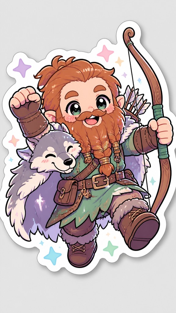 full-body original character: a dwarven ranger with a braided auburn beard, worn leather armor, a longbow and a wolf-pelt cloak, neutral background, no text