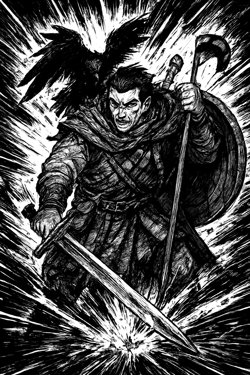 a black and white drawing of a man holding a sword