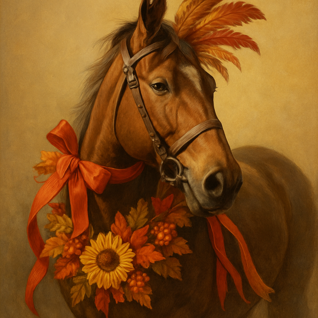 A whimsical Thanksgiving parade horse wearing festive ribbons and feathers, warm golden light, realistic textures, joyful mood, not cartoon