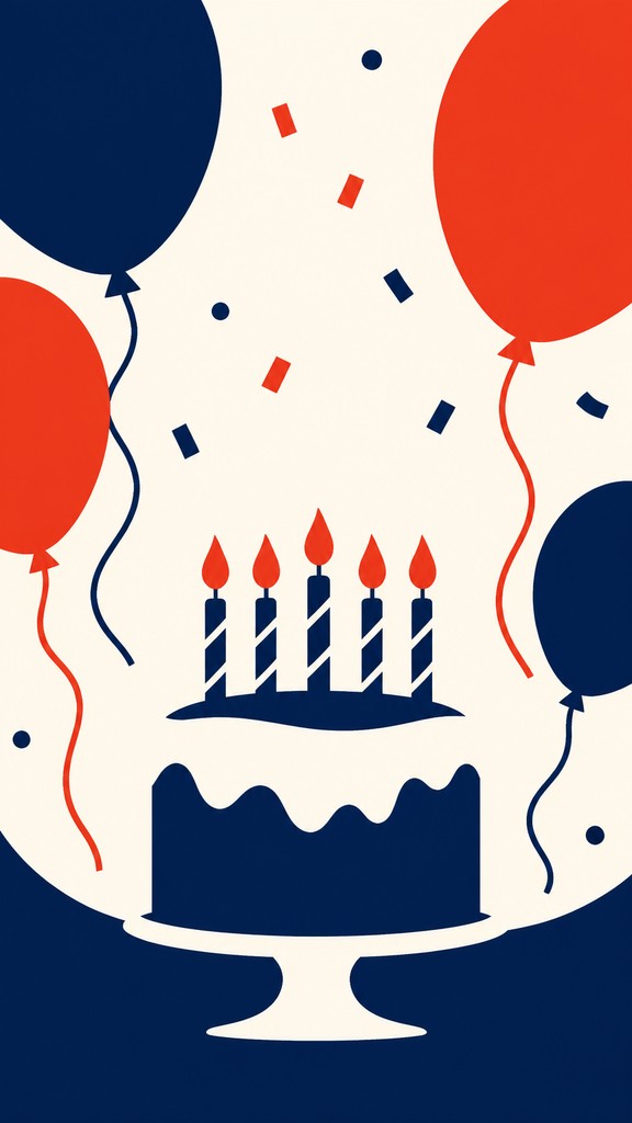 a birthday cake with lit candles surrounded by balloons and confetti, festive vertical composition, no text