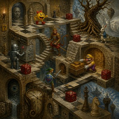 A highly-detailed surrealist oil painting on canvas, featuring a complex, multi-level Escheresque stone chessboard maze carved from ancient, weathered limestone, which is also a three-dimensional board game with intricate paths and platforms.

Characters:

Ms. Pac-Man: A bright yellow, 3D figure with a red bow, navigating an upper pathway.

The Monkey King (Sun Wukong): With a golden crown, holding his scepter, standing near a set of ancient stairs.

White Rabbit: In a waistcoat, near a gnarled, ancient tree.

Robbie the Robot: Classic metallic design, positioned by a control panel.

Link (Legend of Zelda): In his classic green tunic, holding the Hylian Shield and Master Sword, navigating a lower stone bridge.

Wario: Greedy, in his purple and yellow outfit, with a 'W' cap, pushing a large chest of carved gold blocks near a treasure alcove.

Specific Items: Prominent deep red six-sided dice, each face engraved with a detailed skull, are scattered across different levels and near several characters.